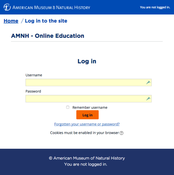 login page for AMNH Moodle online courses