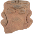 Carved object with concave sides which seems to depict a stylized face.