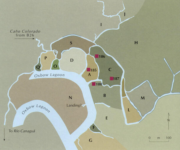 Map showing canals and 18 fields of various sizes. The four excavation sites are in fields A, B, and C, in the center of the map.