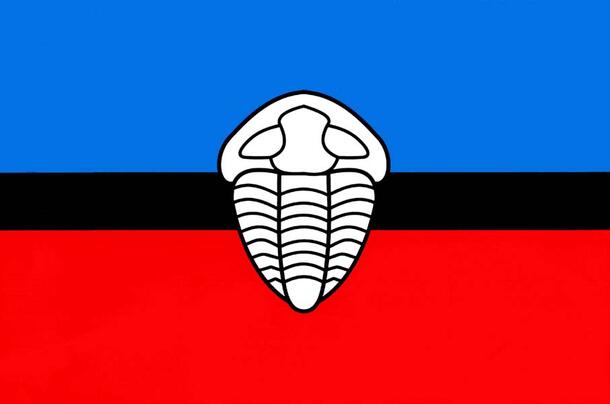 The flag of Jince, Czech Republic, featuring a trilobite in the center. The rectangular flag is composed of three horizontal bars: the top blue, the center black, the bottom red.