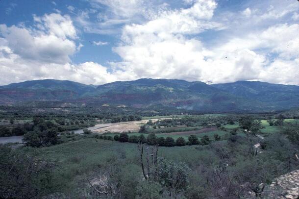 Canada de Cuicatlan, a hilly, green, low dry valley in south-central Mexico.