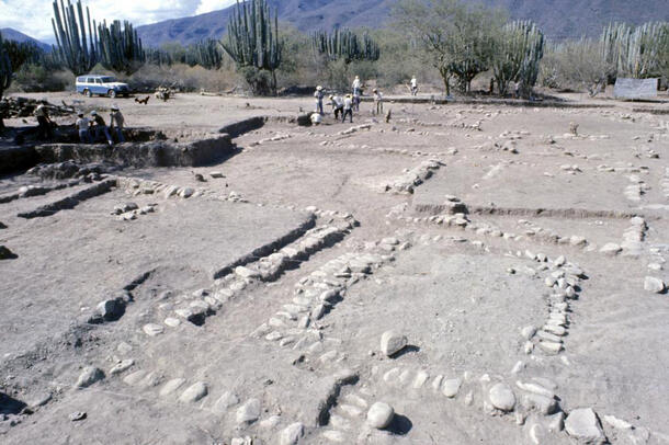 An excavation site. A wide flat open plaza of dusty earth and no vegetation showing areas of stones in various states of excavation. In the background are fieldworkers and a vehicle. Beyond them are tall saguaro cacti, low scrubby brush, and low green hills.