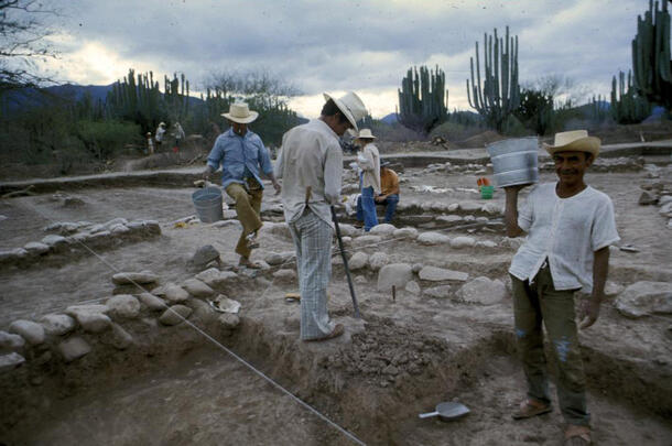 Five people with tools working in an arid dusty excavation site. In the background are tall saguaro cacti and dry brush.