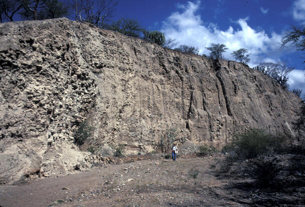 A person standing on dry rocky soil is dwarfed by a rockface in the background.