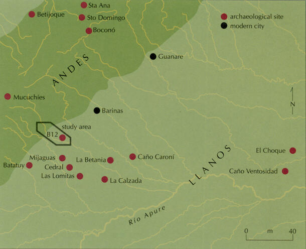 A map with points indicating Spencer and Redmond's study area near the Andean piedmont.