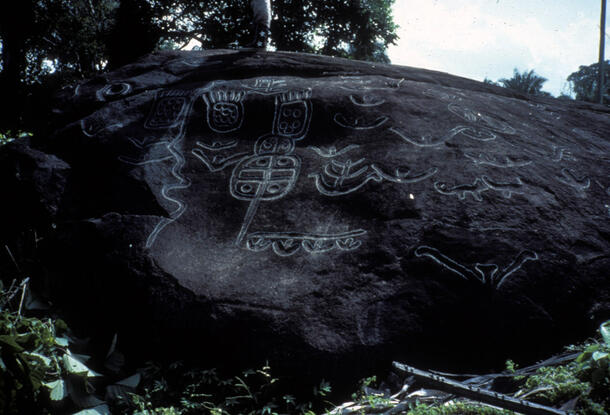 A boulder with a petroglyph depicting a biped, as well as quadrupeds, birds, serpents, turtles, and other images.