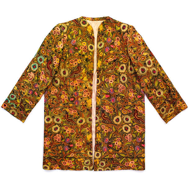An exquisitely embroidered Kashmiri jacket, donated to the Museum by the estate of a renowned collector of Indian crafts.