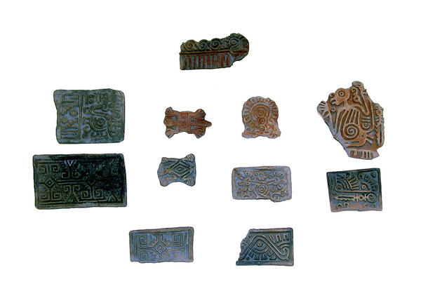 Ceramic stamps with geometric, zoomorphic, and naturalistic motifs, from the Aztec people at Chiconautla.