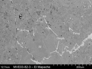 An image of a field of gray color mottled with areas of darker gray and white specks. Arrows denote A-b, Parag, O-m-p-h, J-d, and A-n-l