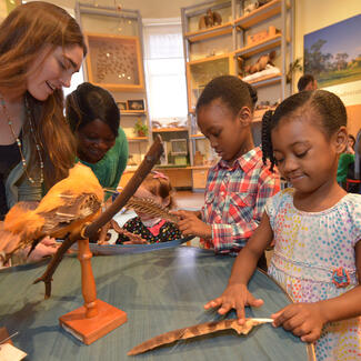 Children surround a table in the Discovery Room that contains specimens and displays that they can examine and touch.