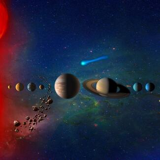Left to right: a depiction of the sun and the eight planets of the solar system, with the Kuiper Belt between Mars and Jupiter. Image is not to scale.