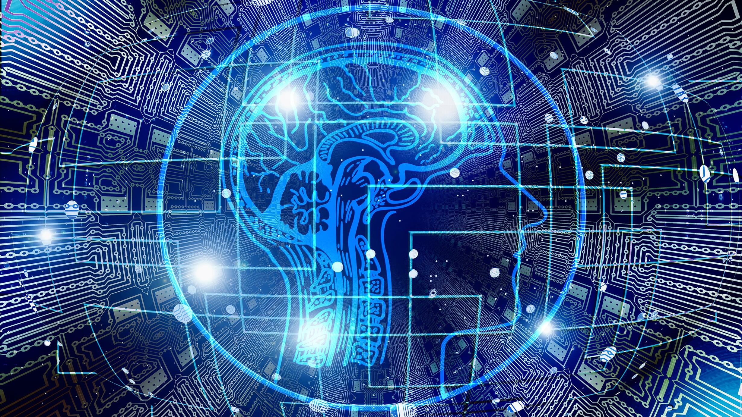 An artist's rendition of a human brain in profile, against a backdrop of digital circuitry, suggesting the union of computer and human intelligence.