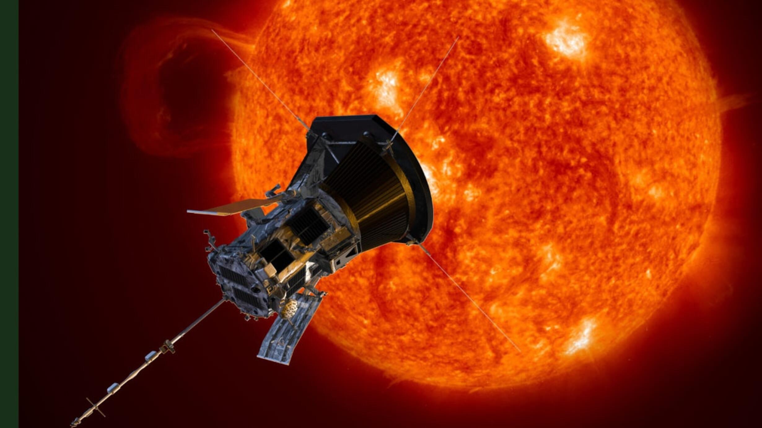 An artist rendition of NASA’s Parker Solar Probe. The spacecraft appears with the Sun depicted as a bright, flaming orb in the background.