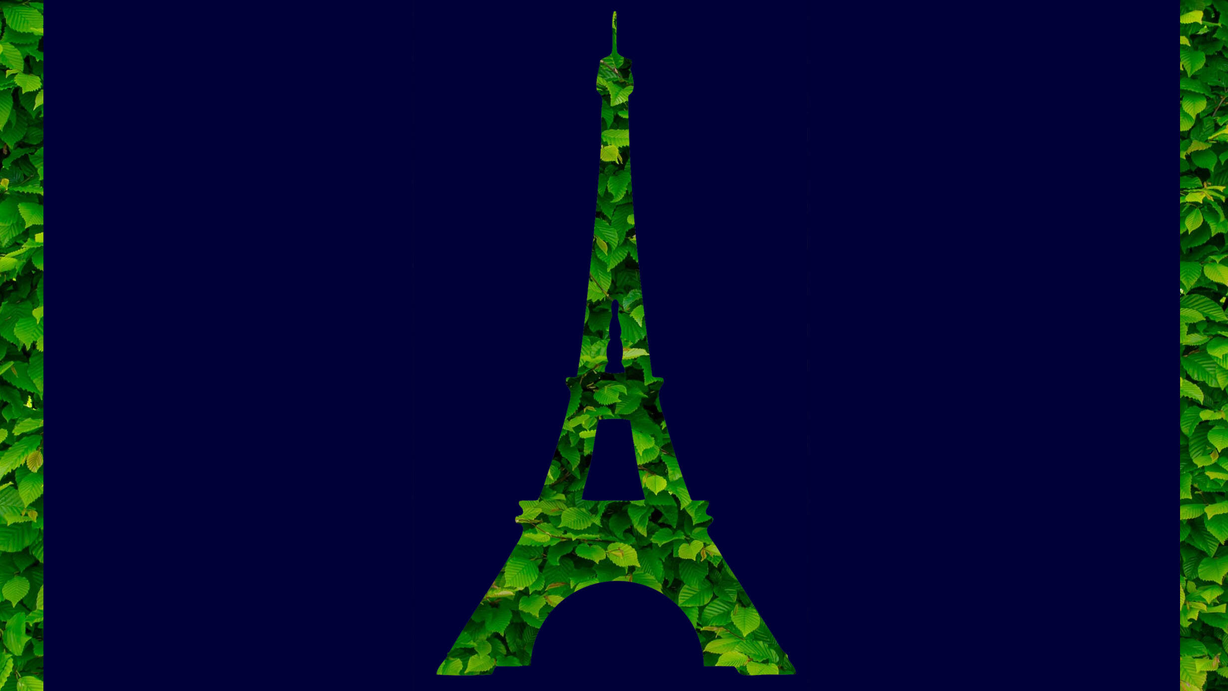 Illustration depicts green leaves in the shape of the Eiffel Tower.