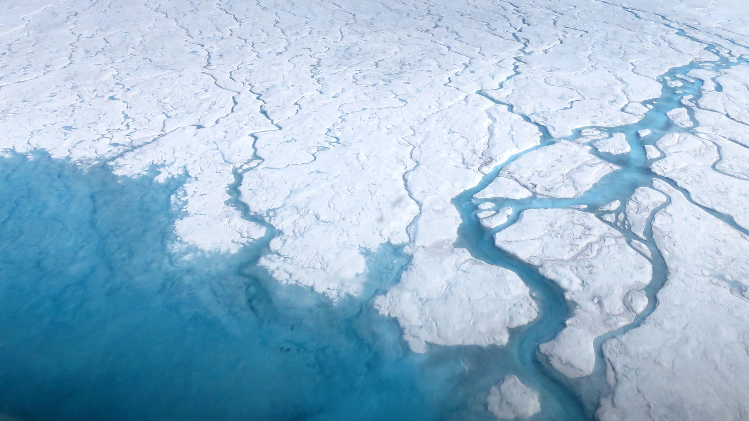 Aerial view of Greenland ice sheet shows rivers and ponds forming on the surface of the ice.