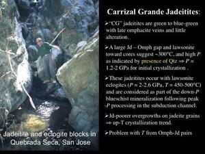 A slide titled "Carrizal Grande Jadeitites" showing jadeitite and eclogite blocks in Quebrada Seca, San Jose with a person on a rope in a narrow chasm