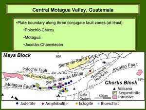 A slide titled "Central Motagua Valley, Guatemala" showing various faults and areas with jadeitite, amphibolite, eclogite, and blueschist.