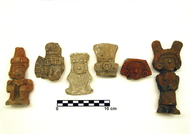 Six Aztec ceramic human figurines found in Chiconautla, Mexico, each smaller than 10 cm wide.