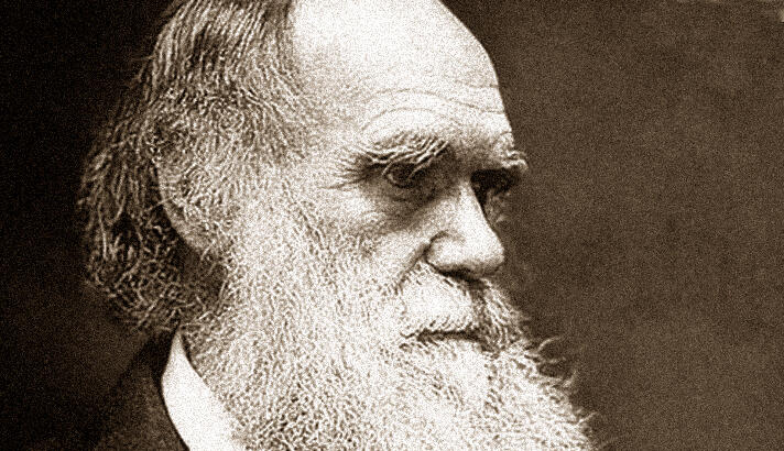 A black and white photograph of Charles Darwin in profile.