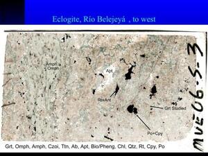 A slide titled "Eclogite, Rio Belejeya, to west" with a specimen magnified to show deposits of black and white minerals in a field of gray and pink.