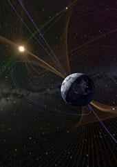 Several celestial bodies shown against the black, star-specked background of outer space.