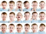 A square of eighteen small head shots of the same young boy making different facial expressions.