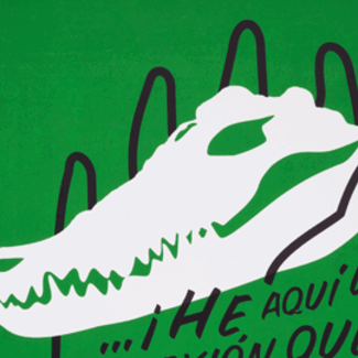Illustration of a hand holding a cuban crocodile skull.