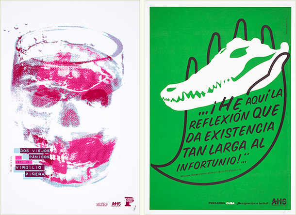 Skull in a drinking glass (left); cuban crocodile skull held in the outline of a hand (right).