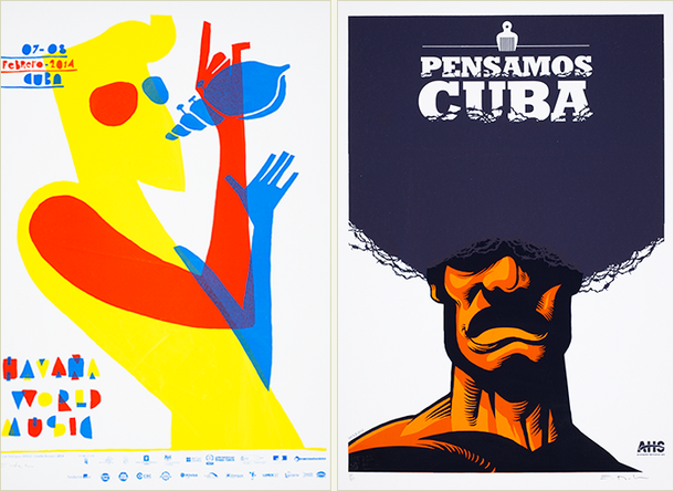Man playing a horn type of instrument shaped like a shell (left);  man with afro hairstyle containing a hair pick and the words Pensamos Cuba (right).