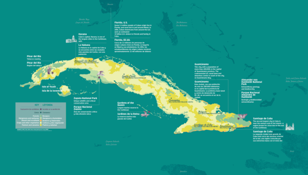 Illustration of a map of Cuba pointing out the areas featured in the exhibition.
