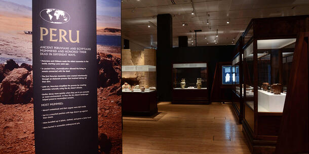 Banner hangs to the left with the text "Peru", and additional descriptive text below. To the right are wood and glass cases that hold exhibit items.