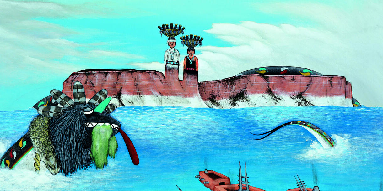 2009 painting of Great Zuni Flood with Native American figures on rock formation above water