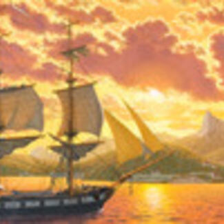 A painting of a sailing ship against a sky of vibrant orange and cumulus clouds.