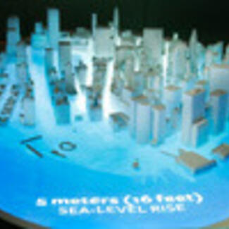 A three-dimensional image of a city with skyscraper buildings.