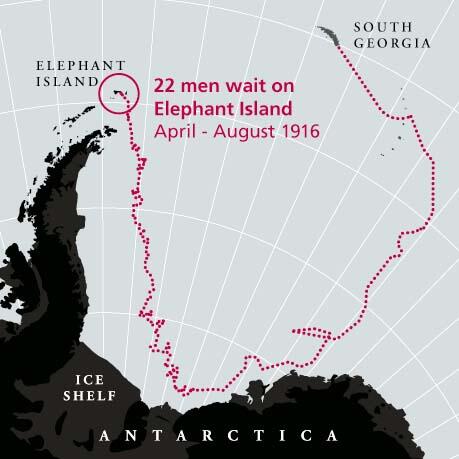 Map showing sea route from South Georgia to Elephant Island where 22 men from the sunken ship Endurance awaited rescue from April to August 1916.