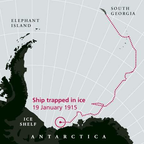 A map of Antarctica showing the path from South Georgia Island to the location of the ship trapped in ice on 19 January 1915.