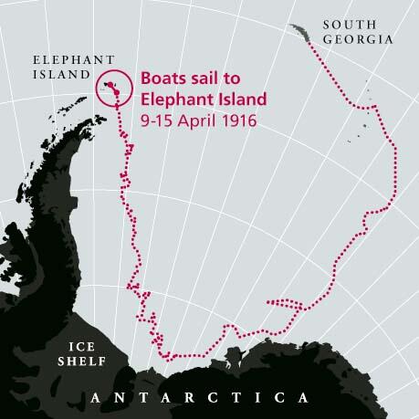 A map of Antarctica showing the boat route taken between South Georgia and Elephant Island in April 1916.