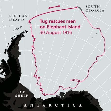 Map of the 1916 path of the tugboat to rescue men stranded on Elephant Island, off the coast of Antarctica.