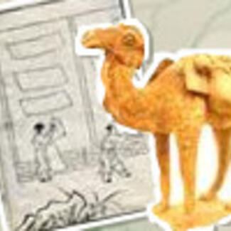 A model of a camel bearing a pack, superimposed over a background drawing of people.