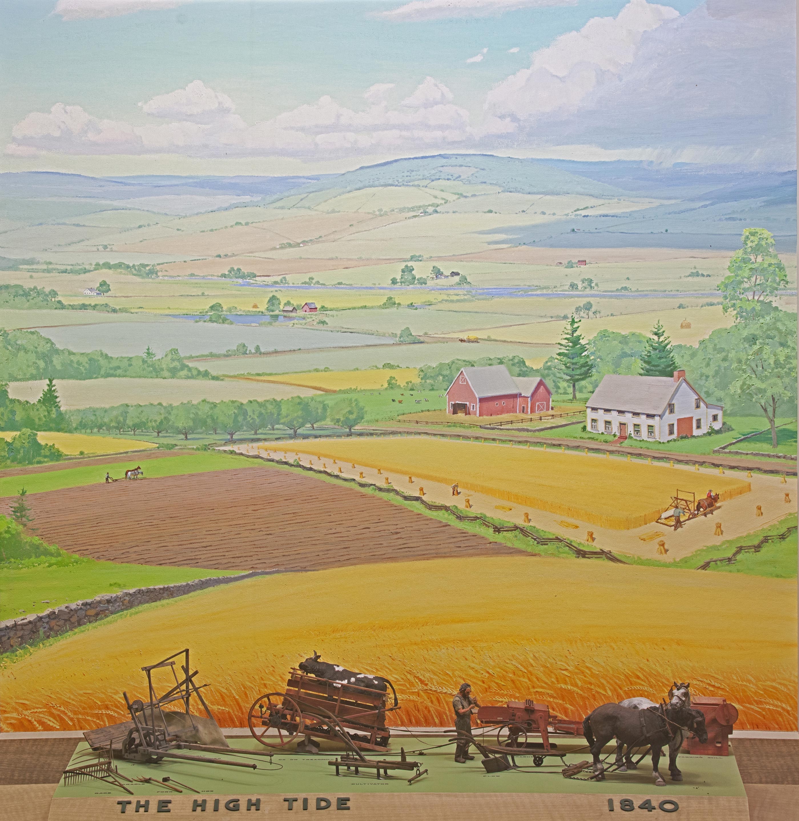 Scale models of farming tools from 1840 with background painting of a  landscape with a farm.