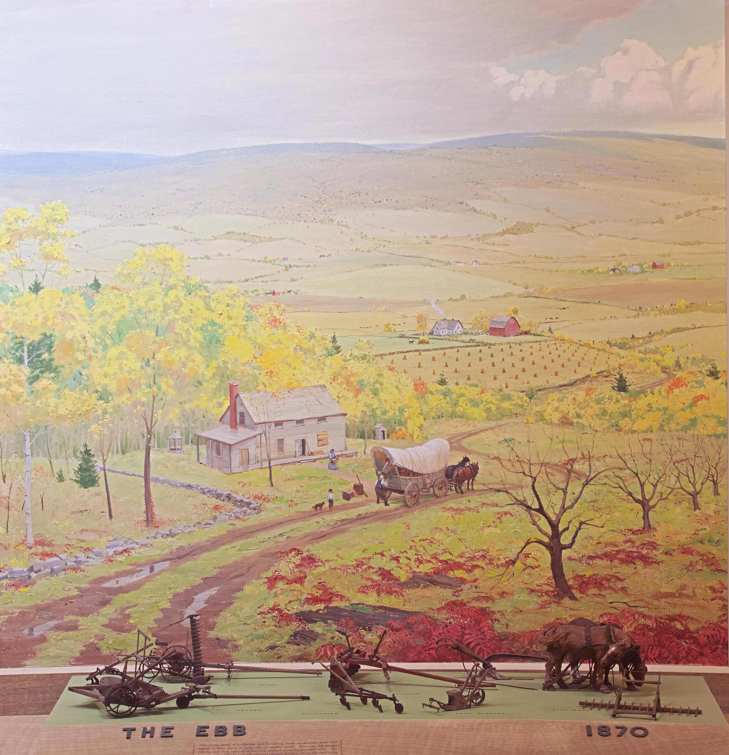 Scale models of farming tools from 1870 with background painting of a landscape with a farm.
