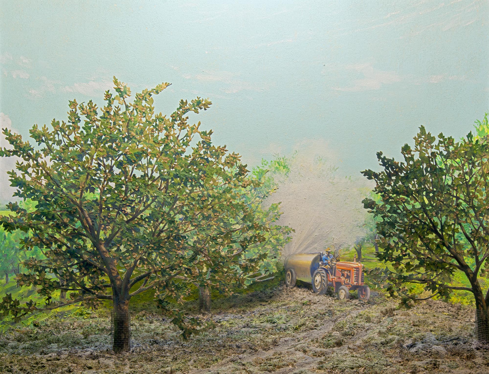 Diorama showing a tractor spraying an apple orchard.