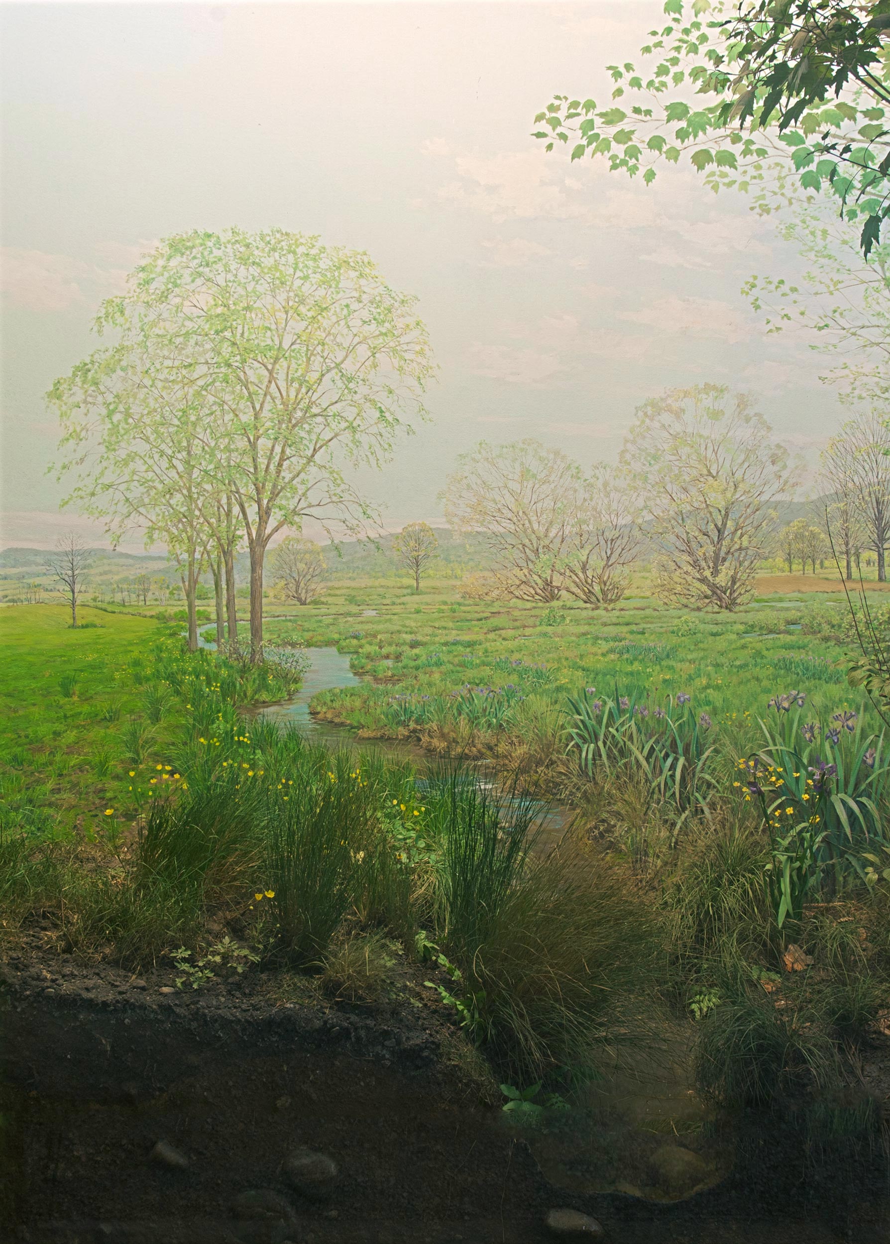Diorama of a field with vegetation and a stream of water