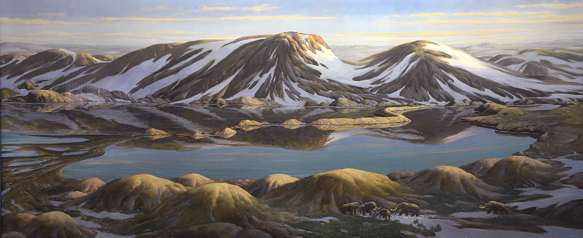Painting of snowed mountains with lakes and a group of mammuts