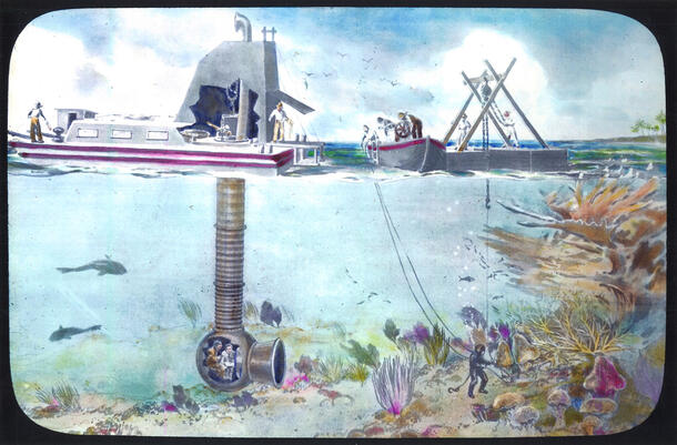 Depiction of the submarine tube that was created to obtain the underwater scientific and artistic details used to recreate the Andros Coral Reef.