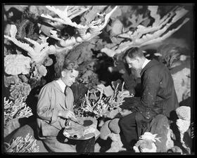 Two painters holding palettes and brushes are seated amongst the larger pieces of coral to continue their work in preparing the display.