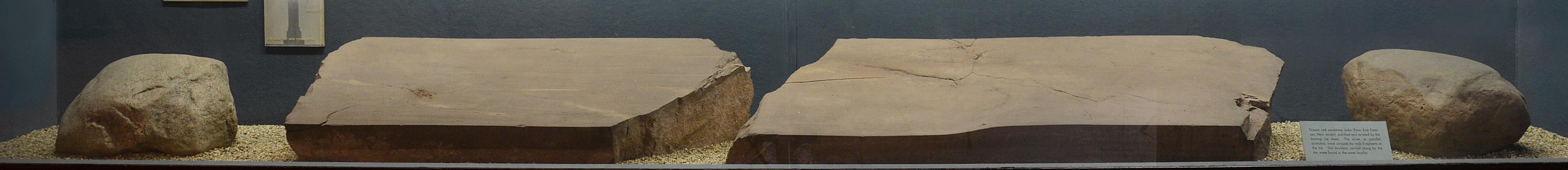 Bottom of museum case showing four pieces of red sandstone slabs.