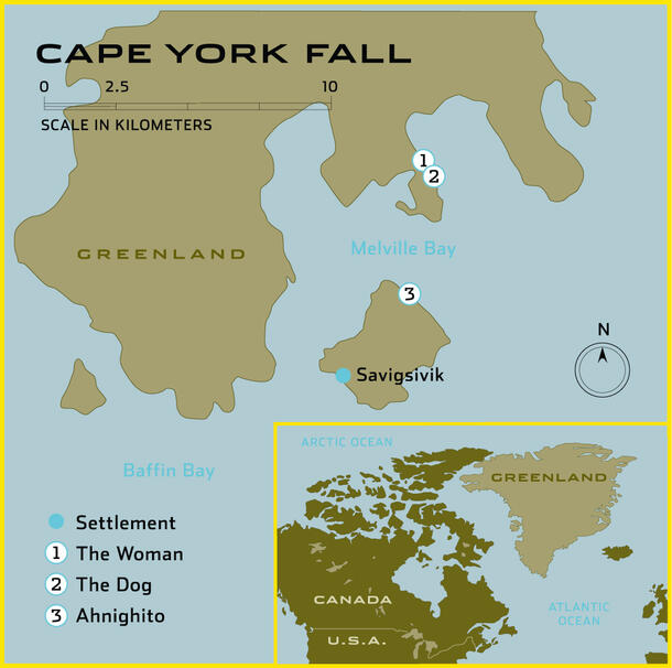 Map of Greenland with locations of the Cape York fall