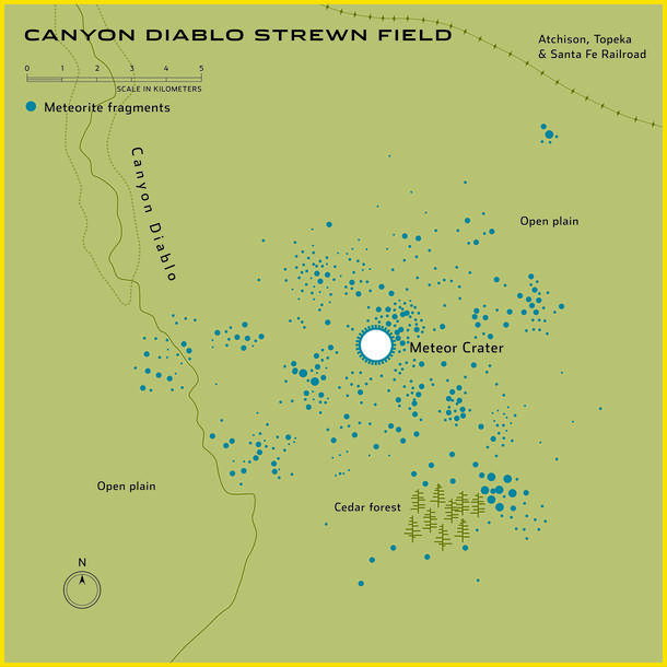 Map of Canyon Diablo strewn field at Meteor Crater showing the location of the crater and many clusters of impacts around it.