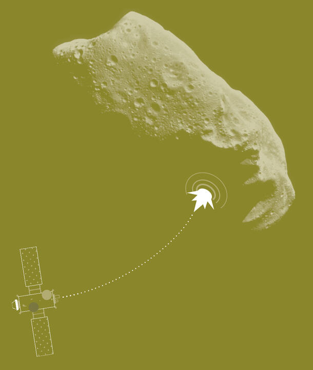 Spacecraft shooting object at asteroid.